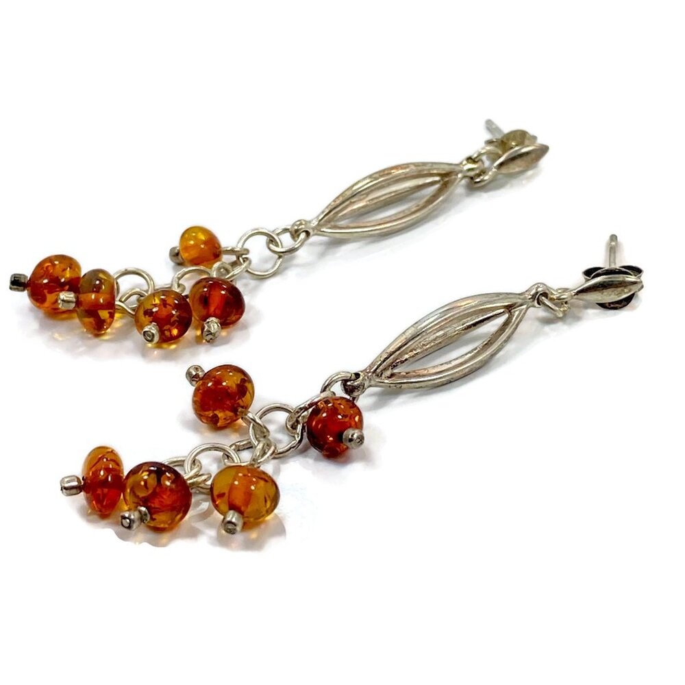 Vintage Honey Amber Sterling Silver Dangle Earrings: Boho Contemporary - Picture 2 of 4